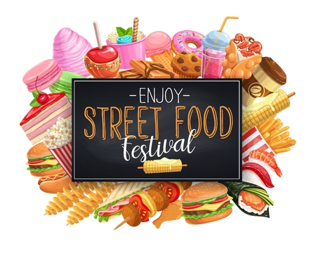Street food banner. Takeaway meals, Hong Kong waffles, spiral potato chips, lemonade and apples in caramel, hamburger and hot dog. Barbecue, sushi and boiled corn.のイラスト素材