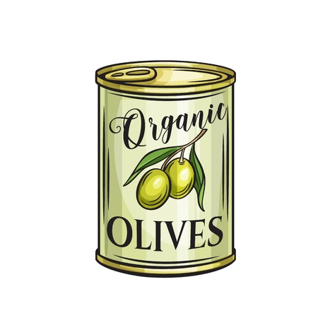 Canned olives in tin can. Illustration food product in retro style.のイラスト素材