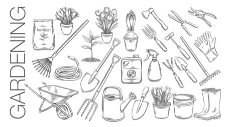 Gardening tools and plants or flowers outline icons. Engraved vector of rubber boots, seedling, tulips, gardening can and cutter. Fertilizer, glove, crocus, insecticide, wheelbarrow and watering hose.のイラスト素材