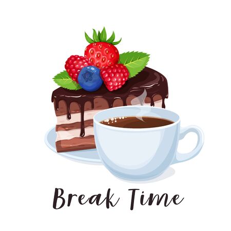 Cup coffee and cake. Coffee break banner with chocolate dessert. Break time concept for cafe design. Vector illustration.のイラスト素材