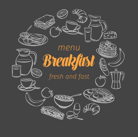 Breakfast and brunch banner, blackboard style. Sketch brunch menu design butter, sour cream and whipped cream. Breakfast poster with yogurt, milk, cottage cheese and smoothies. Vector illustration.のイラスト素材