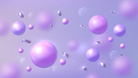 Liquid fluid background with balls. Layout for cosmetic or medicine design. Purple balls, geometric elements. Trendy coral minimalist template, vector illustrationのイラスト素材