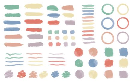 Watercolor strokes and blotches. Vector paint blobs and daubs, abstract dash lines or brushstrokes spots frames and borders design elements of pastel color.のイラスト素材