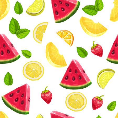 Seamless pattern with watermelon slices, strawberry, lime, mint and lemon. Vector illustration. Summer refreshing fruit background.のイラスト素材