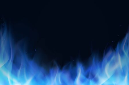 Blue fire flame realistic background. Flare bonfire bright, natural gas burning. Vector illustration.のイラスト素材
