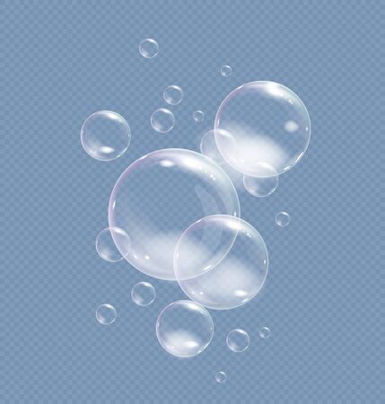 Realistic soap bubbles of shampoo or washing powder. Bubbles liquid or effervescent drink, undersea realistic vector illustration.のイラスト素材
