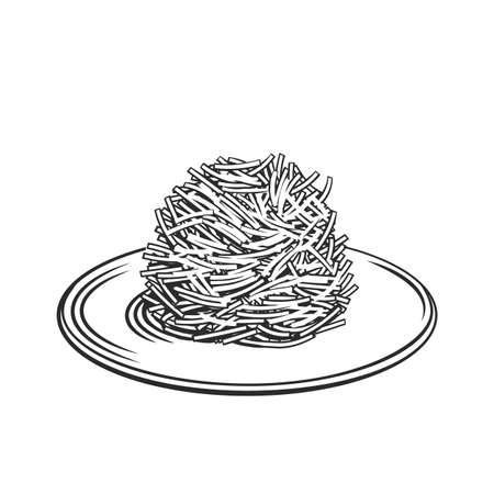 Fried noodles chinese cuisine outline icon. Asian food engraved vector illustration.のイラスト素材