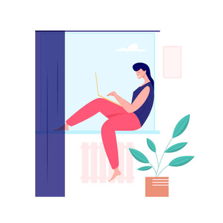 Working at home, freelance concept. Woman freelancer character working on laptop from home. Vector flat style illustration of woman self employed.のイラスト素材