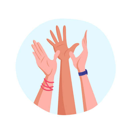 Unity and teamwork concept, raised hands of young people in air giving high five to each other. Corporate success or good cooperation result at office vector illustration.のイラスト素材