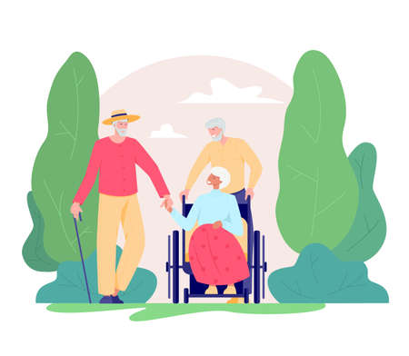 Group of old people walking outdoor. Old man and woman in a wheelchair walking in a park. Recreation and leisure retiree activities concept. Vector illustration of elderly people, flat style.のイラスト素材