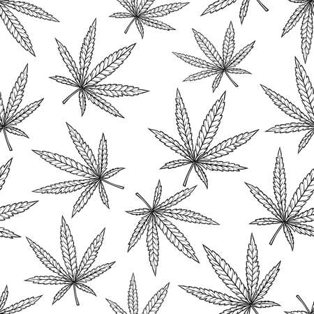 Cannabis leaf seamless pattern in vintage engraved style for smoking or medicine design. Hand drawn vector illustration.のイラスト素材