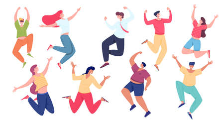 Happy positive people jumping with raised hands. Group of young men and women rejoicing together. Friendship, success, celebrating victory concept. Vector flat style illustrationのイラスト素材