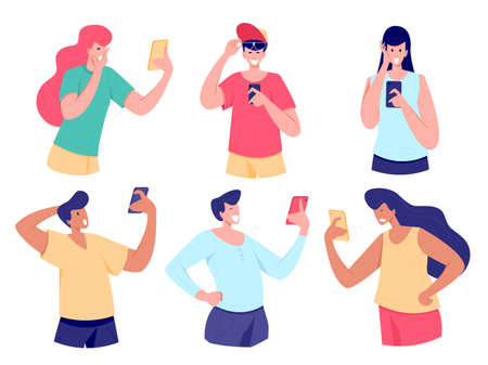 Smiling and surprised men, shocked women looking smartphone Close up young people, looking at display smartphone shocked or laughing , impressed by media content from web. Vector flat illustration.のイラスト素材