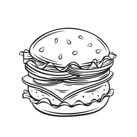 Hamburger or cheeseburger outline cartoon vector icon. Engraved drawn illustration of fast food takeaway meal for menu cafe design.のイラスト素材