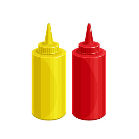 Mustard and tomato ketchup outline vector icon. Dispensers for mustard and ketchup, fast food topping squeeze bottles.のイラスト素材