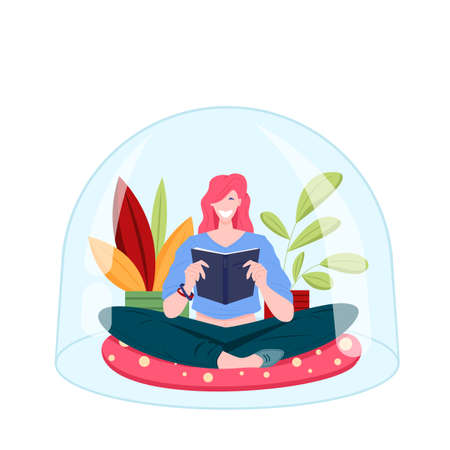 Young girl sitting under transparent dome and reading book on houseplants background. Personal space concept vector illustration. Introvert girl in cartoon style.のイラスト素材