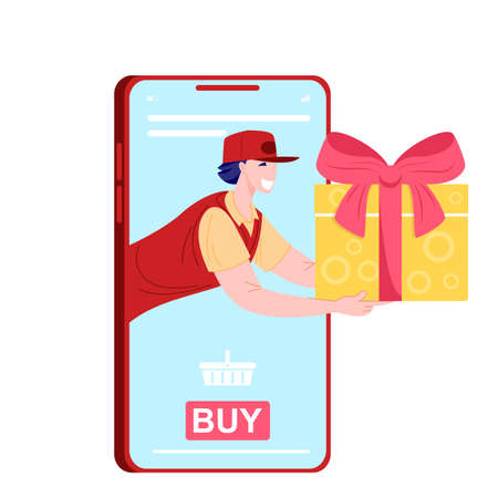 Buy present on mobile app through phone. Delivery gift online order from smartphone. Delivery man with gift box. Flat vector illustration.のイラスト素材
