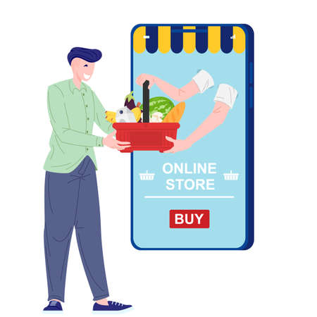 Buy food on mobile app using phone. Delivery online grocery order from smartphone. Young man receives food order. Flat vector illustration.のイラスト素材