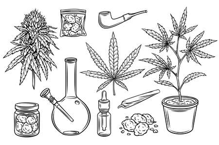 Marijuana outline icons vector set, hemp leaves and seeds, cannabis bud. Smoking cannabis pipe, cigarette, buds indica marijuana, joint, glass jar, tobacco and plastic bag.のイラスト素材