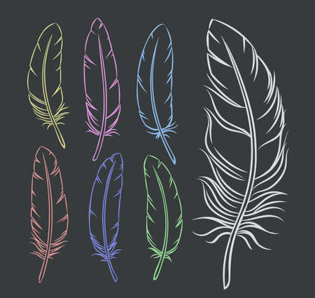 Hand drawn feathers set. Monochrome engraved bird feather vector illustration.のイラスト素材