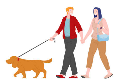 Romantic couple young woman and man walking with dog. Love and family relationships concept. Flat cartoon character vector illustration.のイラスト素材