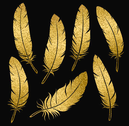 Vector collection of golden bird feathers on a black background, creative illustration. Set of elements for wrapping paper, textile, decorations.のイラスト素材