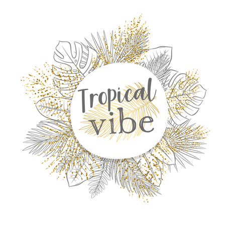 Tropical leaves circle frame with the lettering. Jungle exotic golden and black line leaf round poster with palm, monstera, royal fern for summertime paradise advertising design. Vector illustration.のイラスト素材