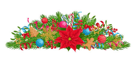 Xmas composition with poinsettia, fir tree branches, christmas balls, holly berries, mistletoe, golden snowflakes, and gingerbreads. New year detailed decoration, vector illustration isolated on whiteのイラスト素材