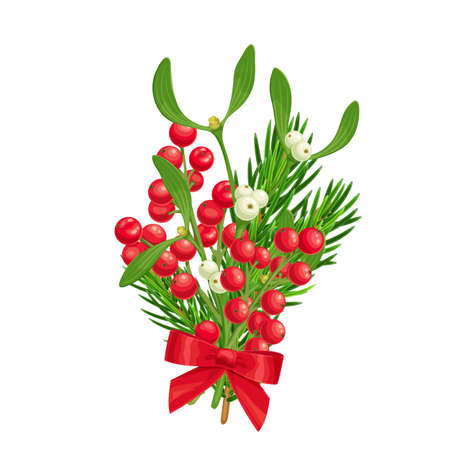 Xmas decoration of spruce twig, holly berries and mistletoe with red bow. Christmas colorful elegant design element, vector illustration in style of realism isolated on white background.のイラスト素材