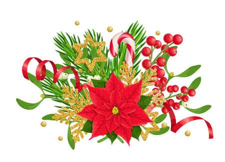 X-mas composition of poinsettia, fir twig, holly berries and mistletoe with golden snowflakes, candy cane. Christmas colorful traditional decoration, vector illustration isolated on white.のイラスト素材