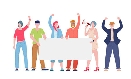 Protesting people with blank banner. Men and women on meeting against violence, pollution, discrimination, human rights violation. Flat cartoon vector illustration of demonstrators characters.のイラスト素材