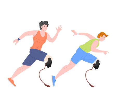 Running male paralympic athletes on marathon race isolated on white background. Disabled people with high-tech prosthetic limbs trying to outrun each other. Flat cartoon vector illustration.のイラスト素材
