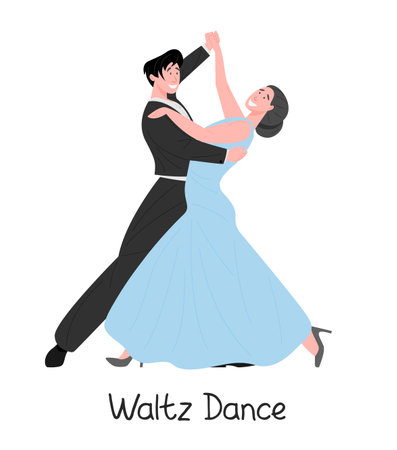 Dancing couple, flat vector illustration. Elegant male and female cartoon characters dance classic waltz. Happy romantic pair in costume and long blue dress, professional performers, isolated on whiteのイラスト素材