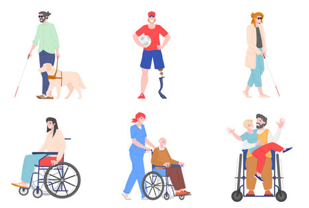 Disabled people set, vector illustration in flat cartoon style. Collection of male and female characters with physical disorders, visually impaired, with prosthesis or wheelchair isolated on white.のイラスト素材