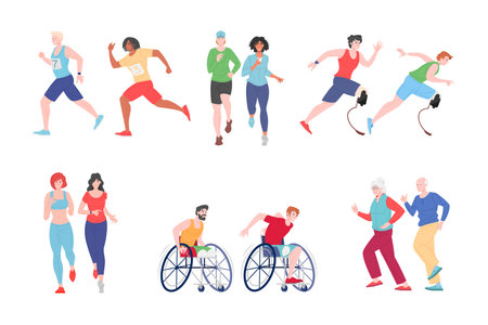 Running people disabled, healthy man, woman, vector flat runner jogging cartoon characters set. Elderly, young athletic persons on marathon, workout, illustration isolated on white background.のイラスト素材
