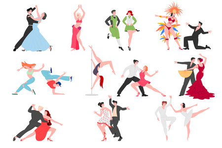 Dancing people couples, contemporary and classical choreography, vector dancers performers cartoon characters set. Male and female dance at school, studio, colourful illustration isolated on white.のイラスト素材