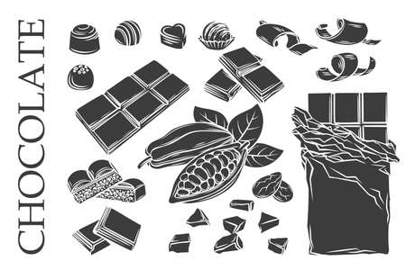 Glyph monochrome chocolate icons set. Silhouette candy, Cocoa Beans, Chips, and Chocolate Bar for confectionery products shop. Vector illustration.のイラスト素材