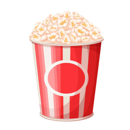 Popcorn bucket vector illustration. Big portion popcorn. Cardboard or paper bucket. Cinema snack or movie food. Popcornのイラスト素材