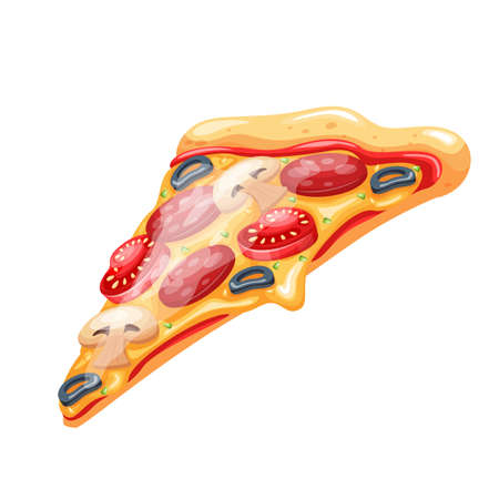 Slice of pizza with tomato, pepperoni and mushrooms. Cartoon italian pizza for menu cafe design. Vector illustration.のイラスト素材