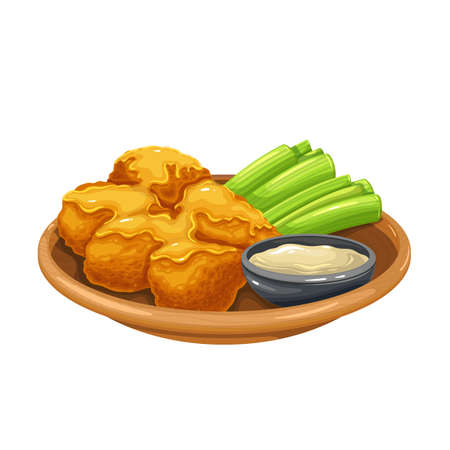 Buffalo Wings vector icon. Roasted chicken wings with celery stalks on a platter and sauce.のイラスト素材