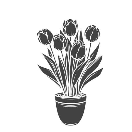 Tulips in a pot glyph icon, vector cut monochrome badge. Garden flowers for gardening desing priduction.のイラスト素材