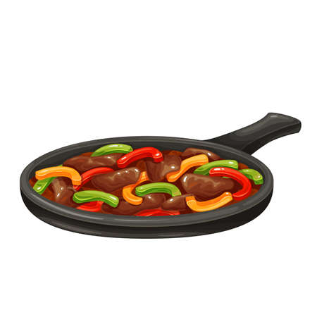 Beef Fajitas with colorful bell peppers in panのイラスト素材