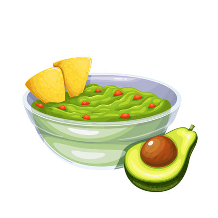 Guacamole, sliced avocado and tortilla chipsのイラスト素材