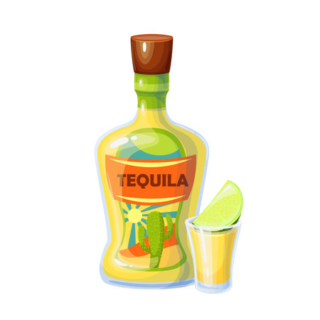 Tequila bottle and shot glass with slice of limeのイラスト素材