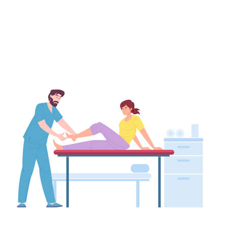 Trauma doctor examining ankle of femaleのイラスト素材