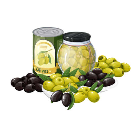 Green olives in glass jar and heap of green olivesのイラスト素材