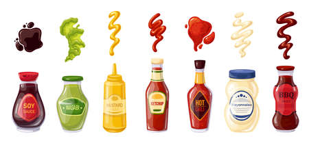 Sauces in bottle and splash strips, dropsのイラスト素材
