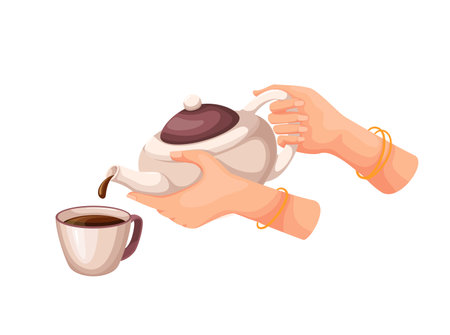 Glass teapot, hands pouring tea into cup.のイラスト素材