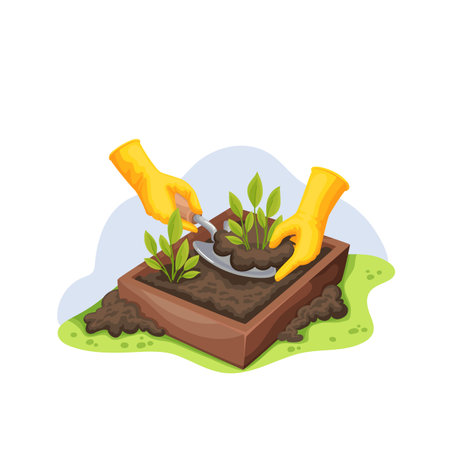 Gardener planting seedlings into crateのイラスト素材