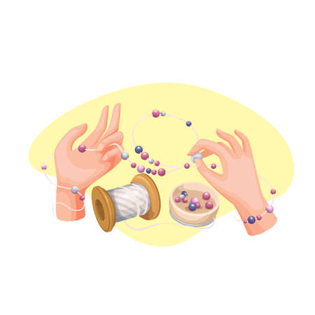 Woman hands making craft jewelry of beadsのイラスト素材